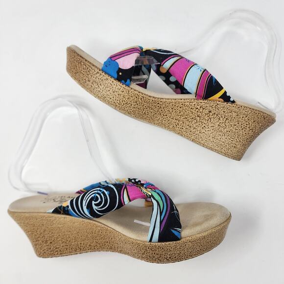 Island Slipper Wedge Women 8 Colorful Pink Black Fabric with Gold Ring Comfort - Picture 7 of 10